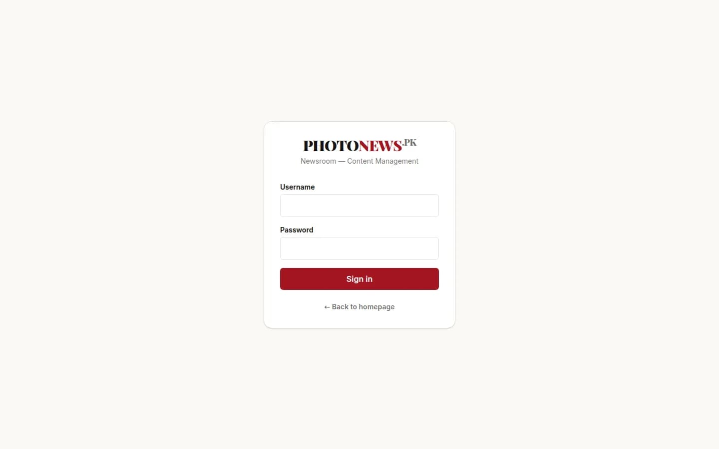 Photonews.pk newsroom sign-in screen for the content management system.