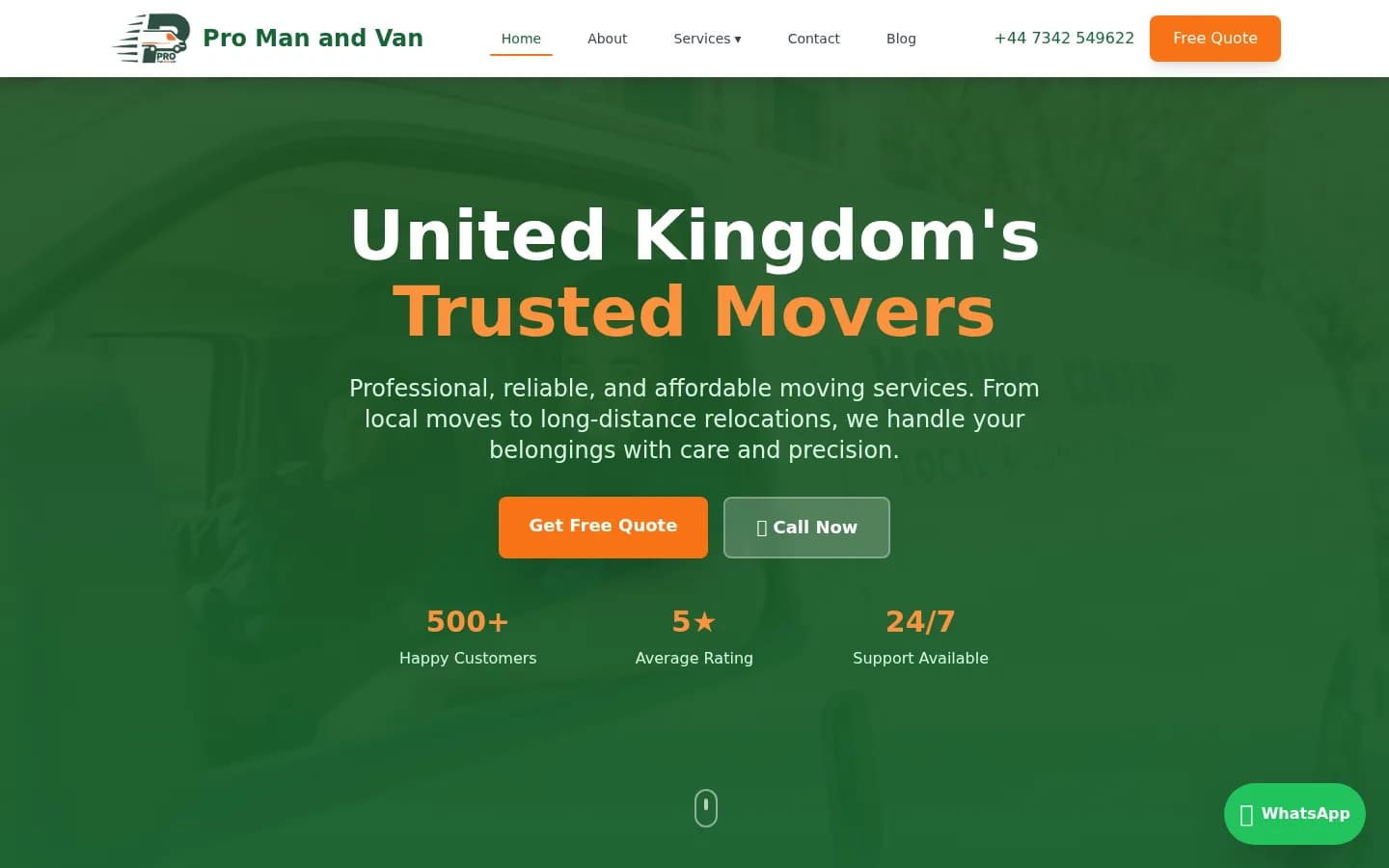 Pro Man and Van homepage hero: “United Kingdom's Trusted Movers” with 500+ customers, 5-star rating and 24/7 support stats.