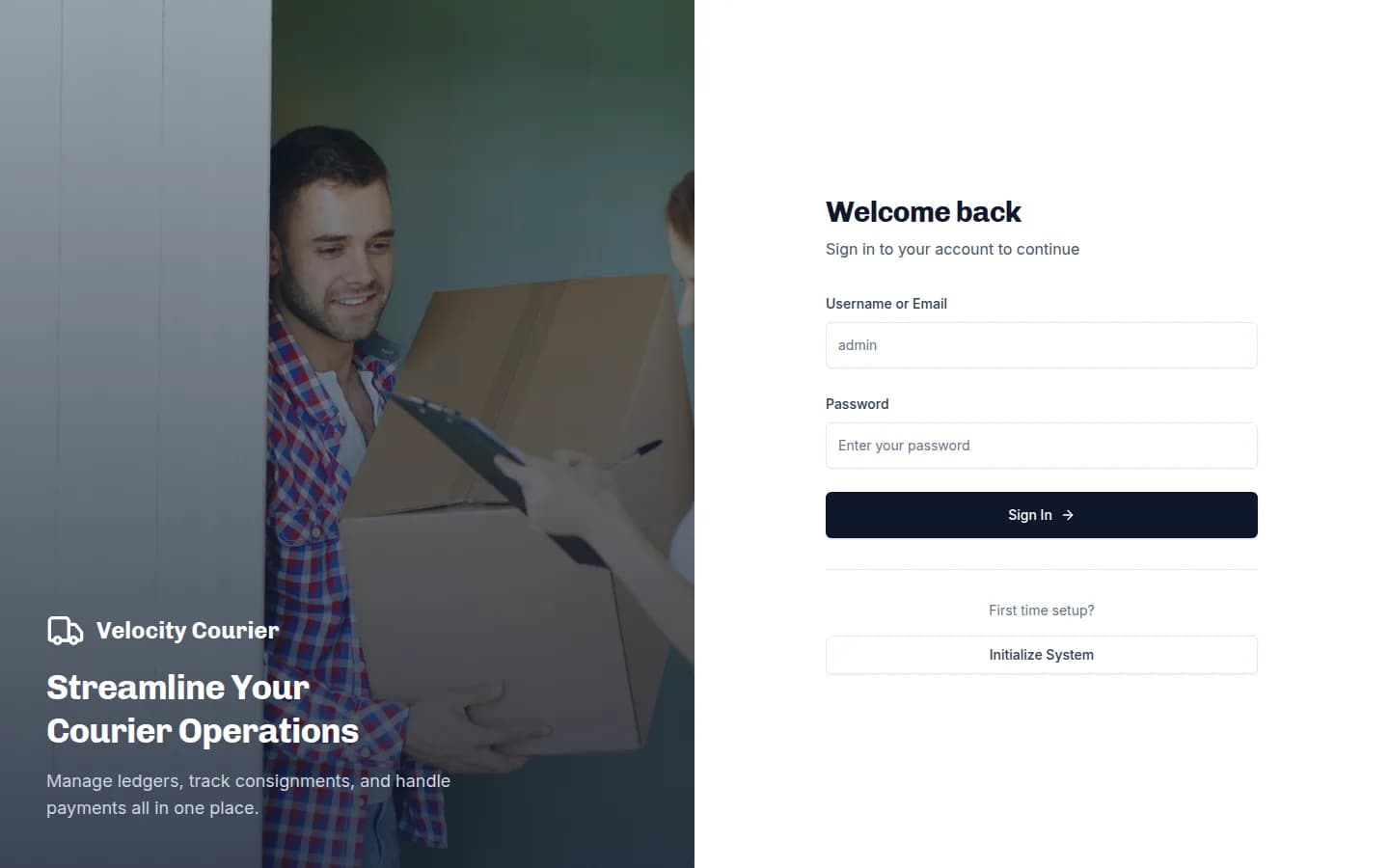 Velocity Courier sign-in screen reading “Streamline Your Courier Operations — manage ledgers, track consignments, and handle payments all in one place.”